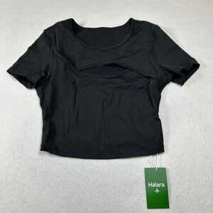 HALARA Black Short Sleeve Cutout Crop Top